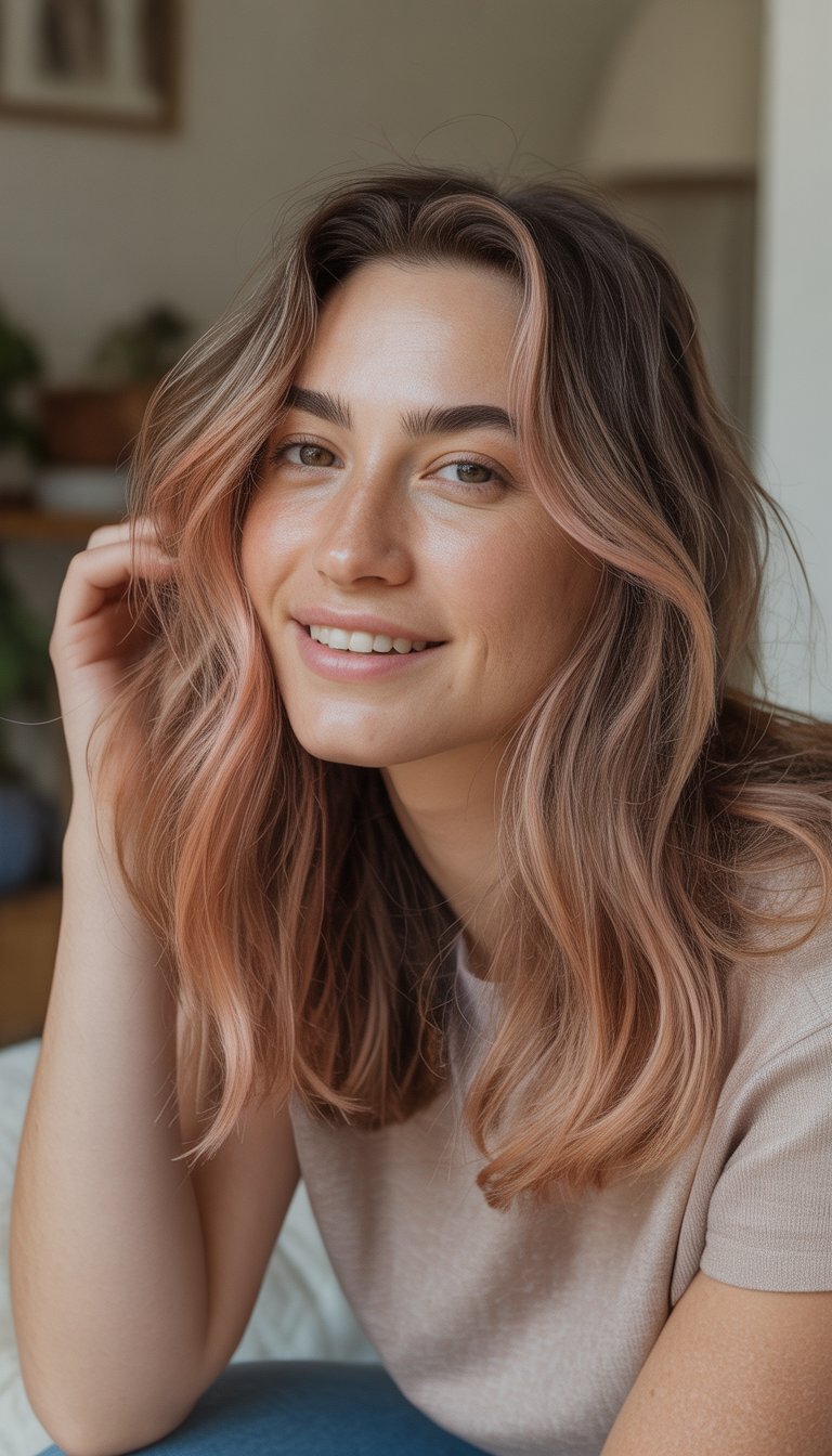 A woman with rose gold highlights in her hair smiling naturally in a casual indoor setting.