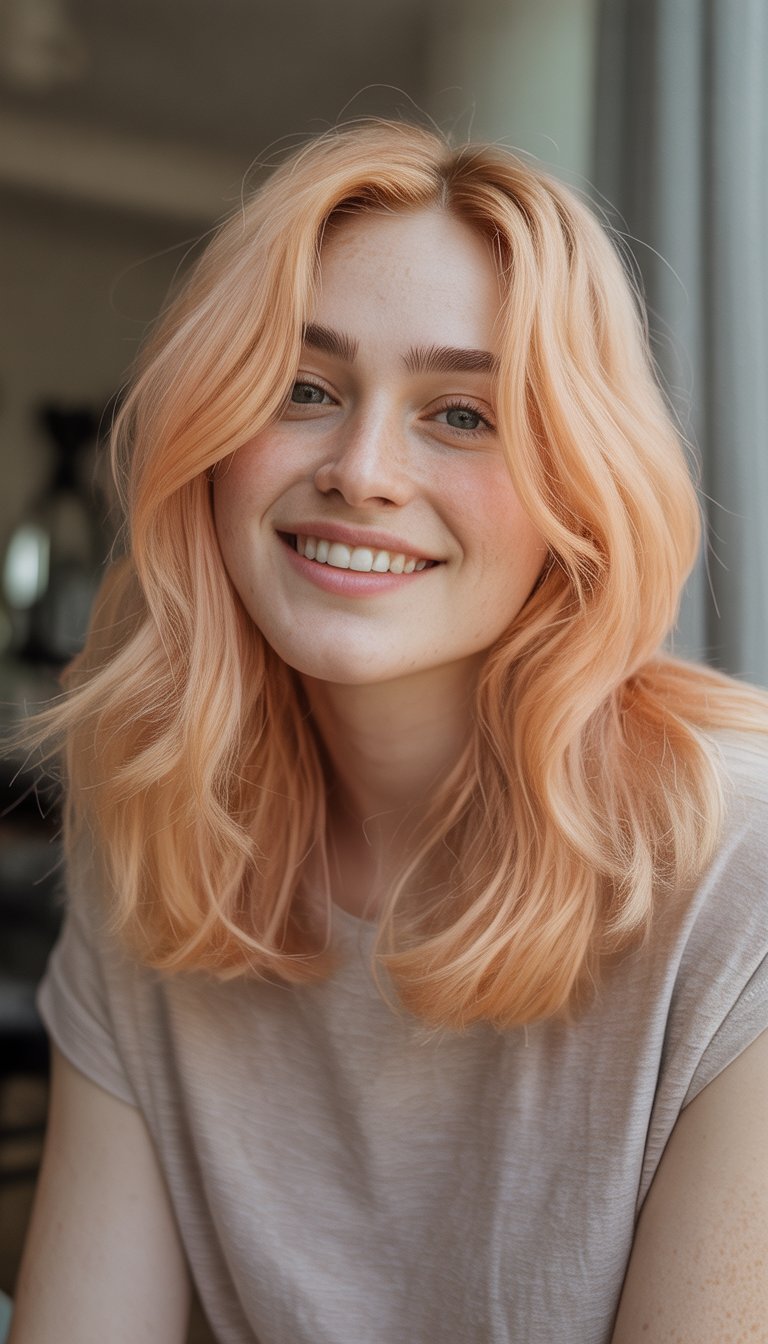 A young woman with peach peachy blonde hair standing in a casual indoor setting, wearing casual clothes and smiling naturally.