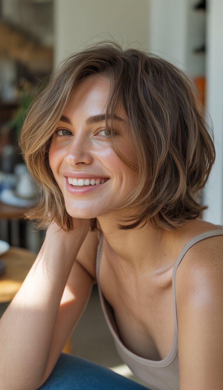 A woman with shoulder-length layered hair smiling naturally in a relaxed indoor setting.