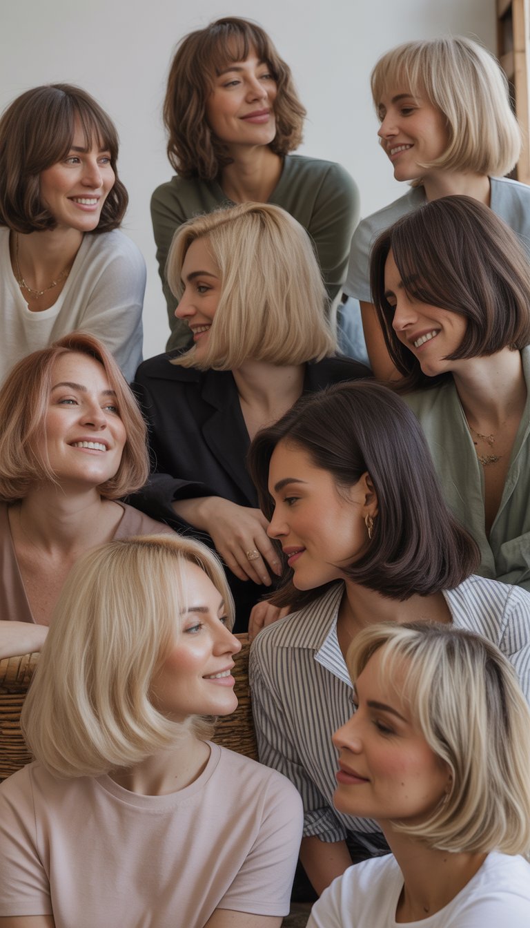 A group of women with different bob hairstyles in a casual setting, smiling and interacting naturally.