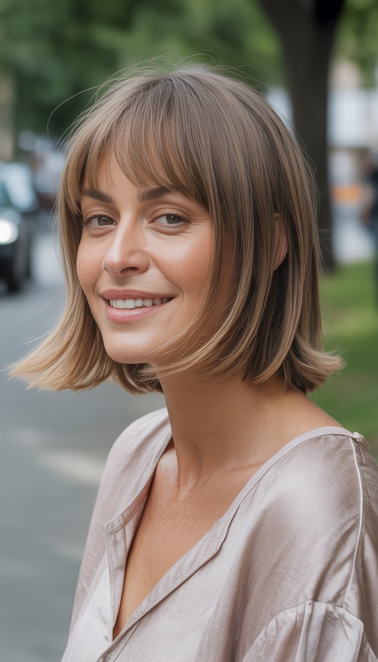 A woman with a shaggy lob haircut and curtain bangs stands outdoors in a casual setting, wearing everyday clothes and smiling naturally.