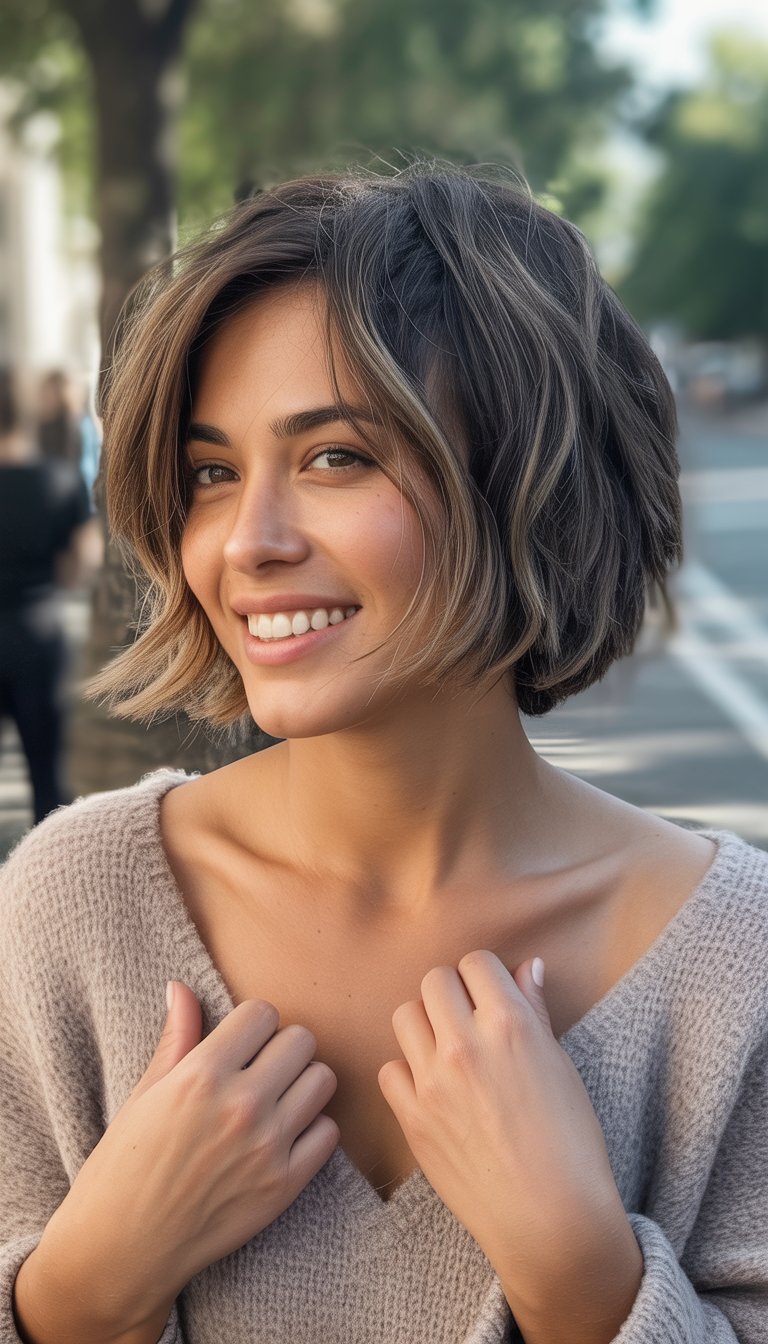 A woman with shoulder-length layered hair stands outdoors in a casual setting, wearing simple clothes and smiling naturally.