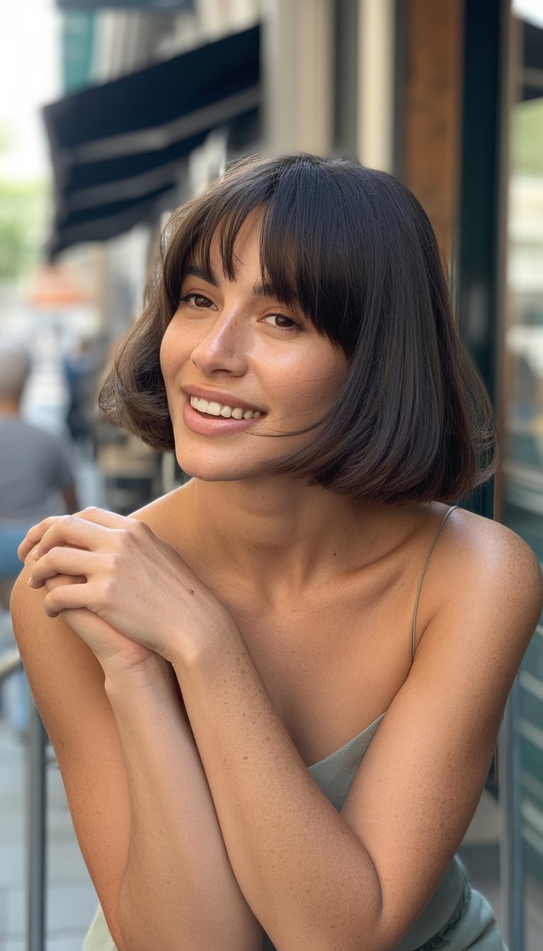 A woman with a blunt bob haircut stands in a casual setting, wearing simple clothes and looking relaxed and natural.