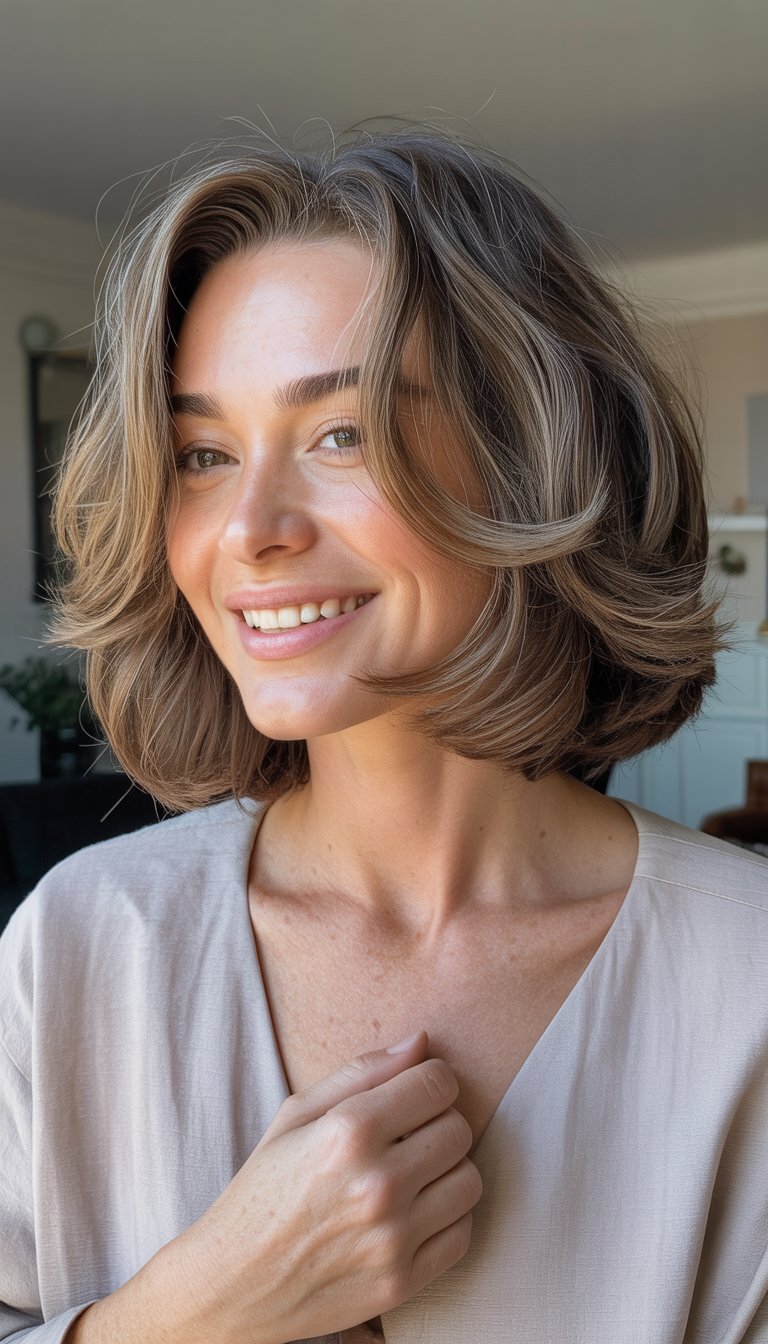 A woman with soft wavy hair sits casually in a simple indoor setting, wearing casual clothes and looking naturally at ease.