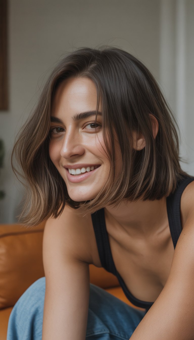A woman with a shoulder-length shaggy haircut smiling naturally in a casual indoor setting.