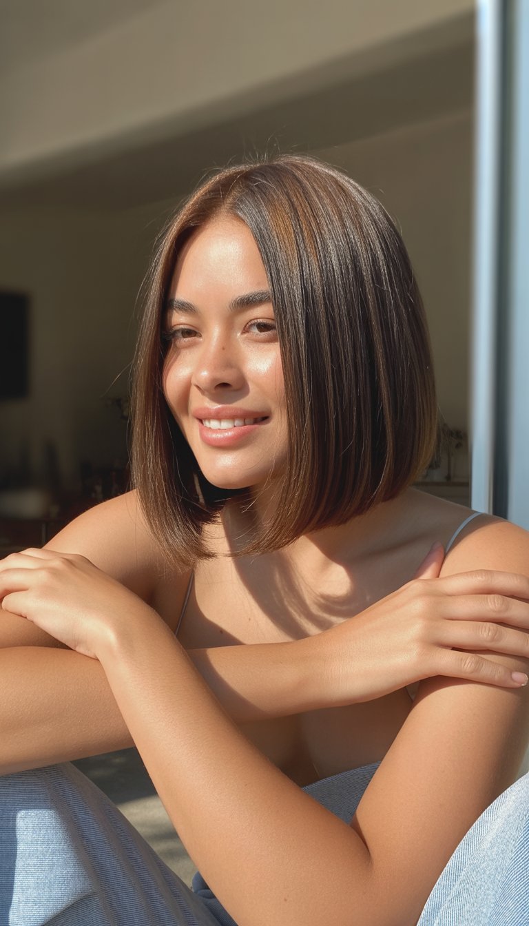 A woman with a straight bob haircut smiling naturally in a casual indoor setting.