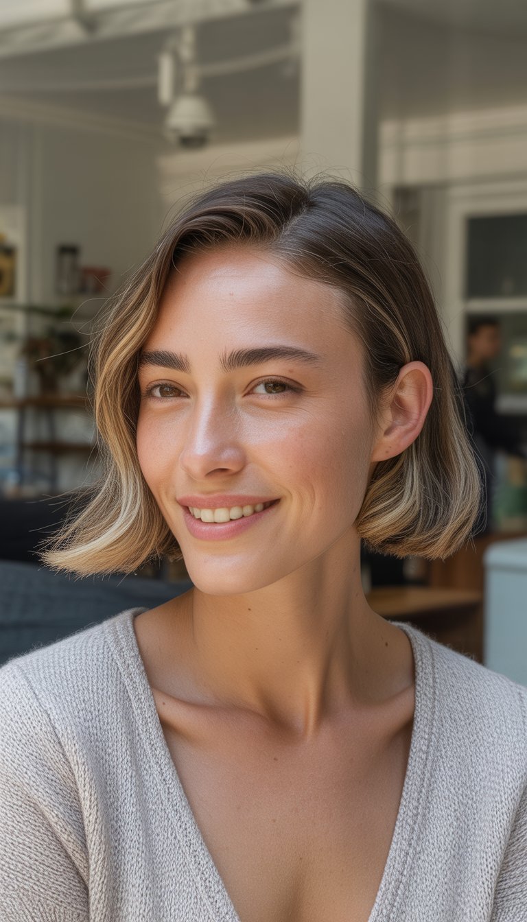 A woman with a side-parted bob hairstyle standing in a casual everyday setting, wearing simple clothing and looking relaxed and natural.