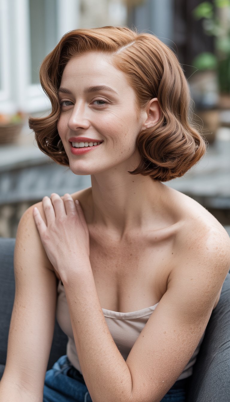 A woman with a short wavy bob hairstyle is casually standing in a simple, everyday setting, wearing casual clothes and smiling naturally.