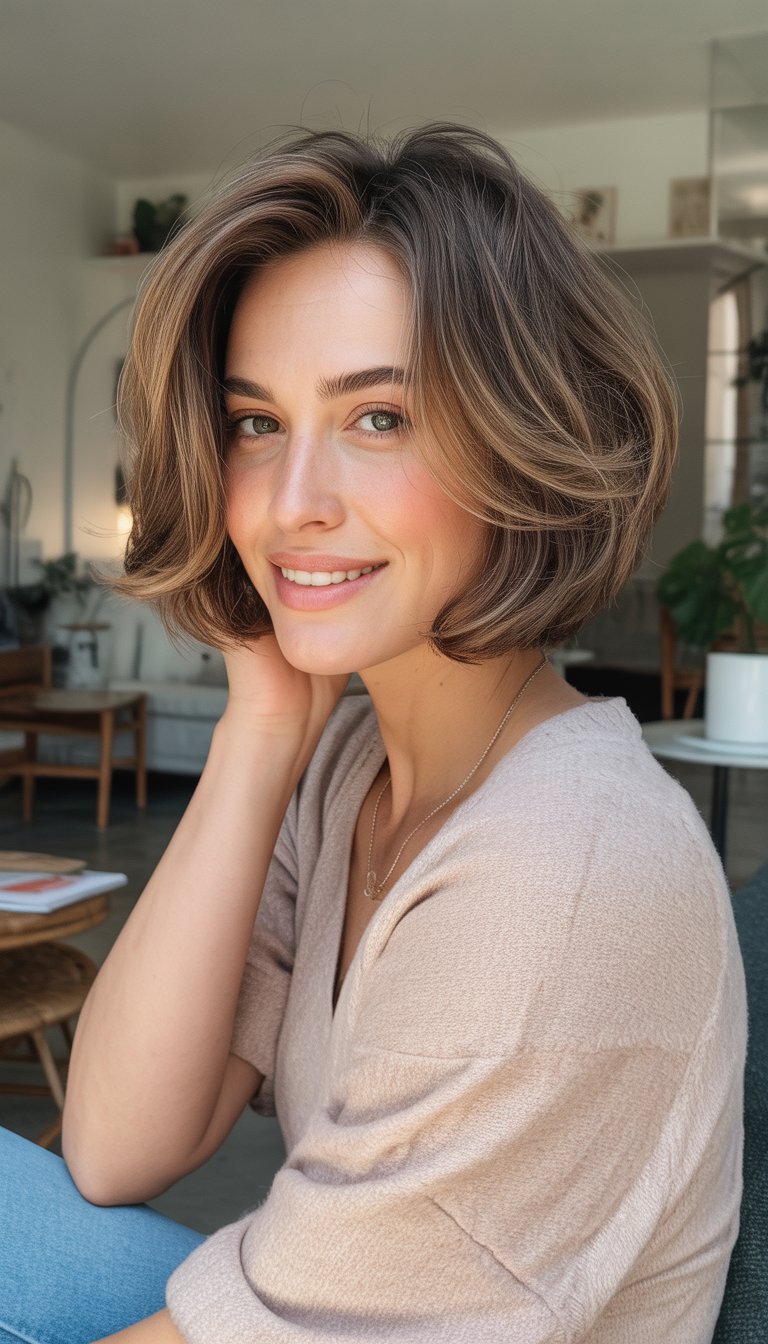 A woman with a bob haircut smiling softly in a cozy indoor setting, wearing casual clothes.