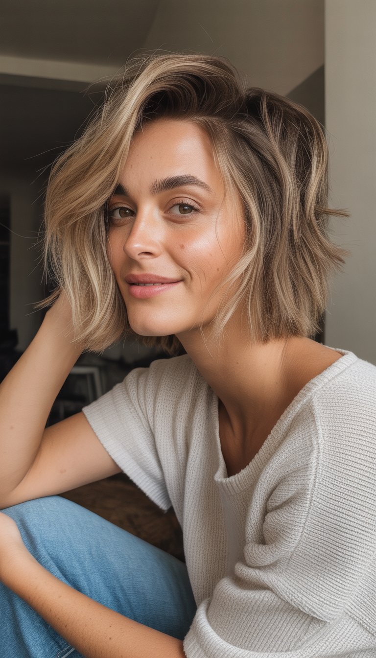 A woman with an asymmetrical shaggy lob haircut smiling naturally in a casual indoor setting.