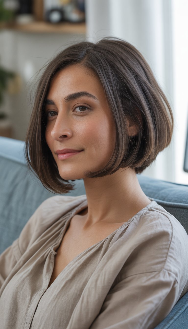 A woman with an asymmetrical bob haircut stands casually in a softly lit everyday environment, wearing casual clothes and showing a natural expression.