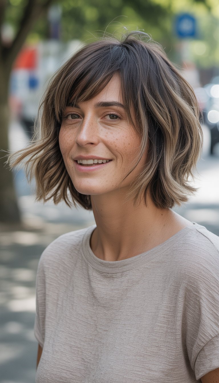 A woman with shoulder-length hair and side-swept bangs smiles naturally outdoors in a casual setting.