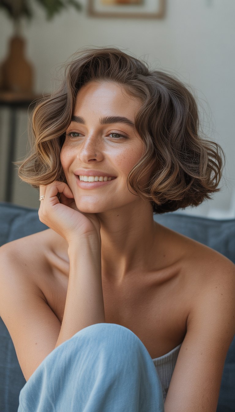 A woman with a bob haircut and inward curls smiling naturally in a casual indoor setting.