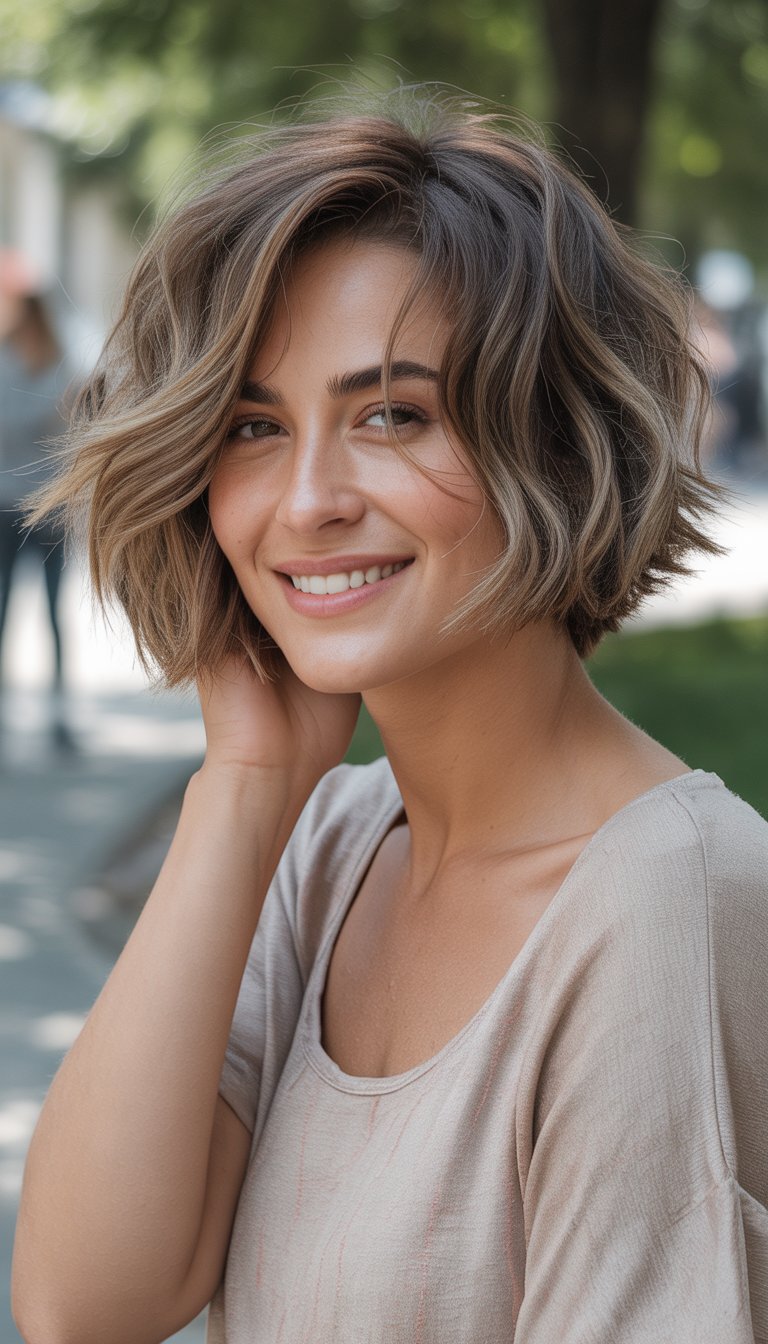 A woman with a layered shoulder-length haircut stands outdoors in casual clothing, smiling naturally in a relaxed setting.