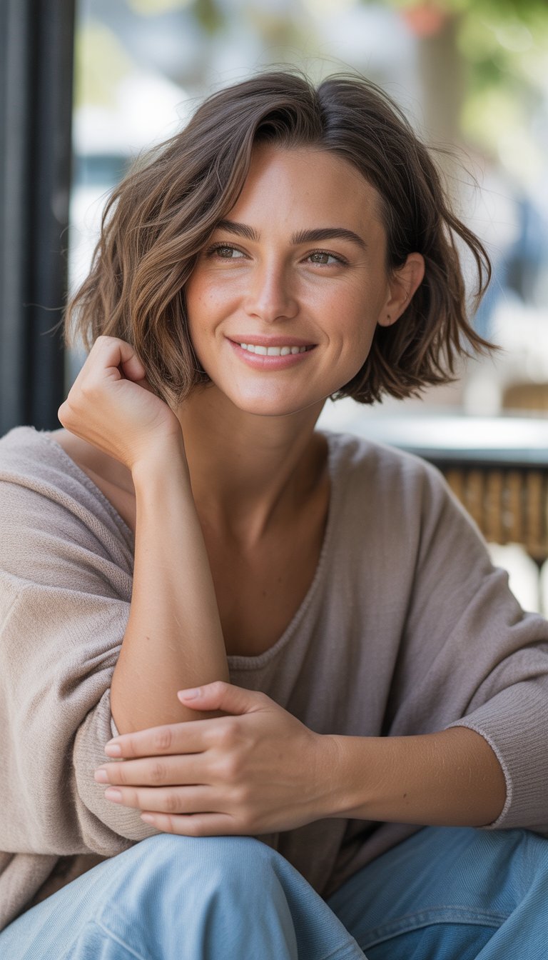 A woman with a tousled bob hairstyle in casual clothing, smiling naturally in a relaxed everyday setting.