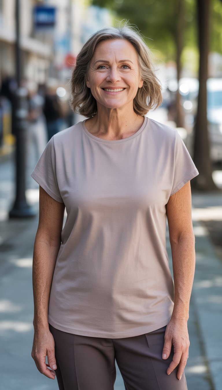 A woman standing outdoors on a city street, shown from head to toe, with a natural expression and casual surroundings.