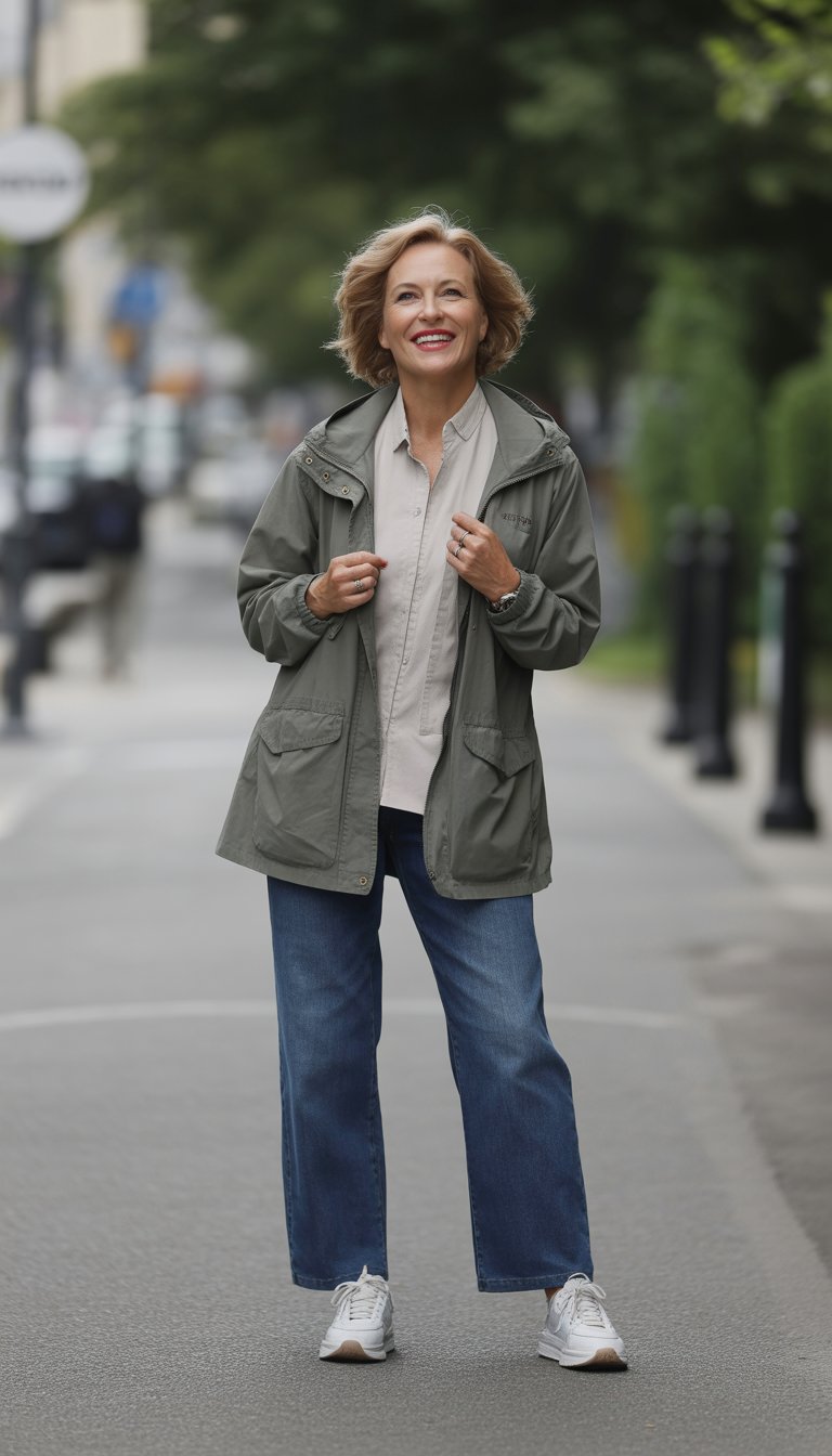 A woman standing outdoors on a city street wearing a jacket and layered clothing, looking relaxed and smiling.