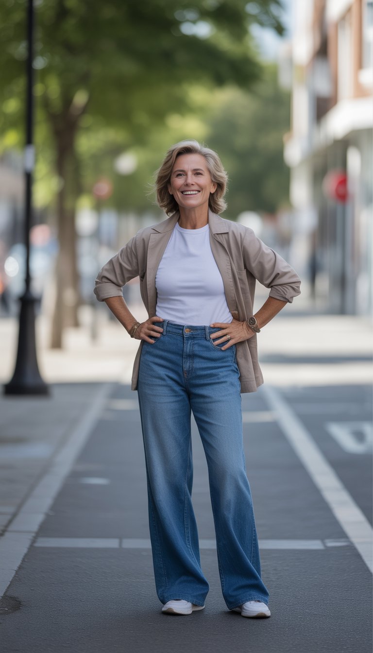 A woman over 40 standing outdoors on a city street, wearing a complete outfit and looking relaxed and confident.