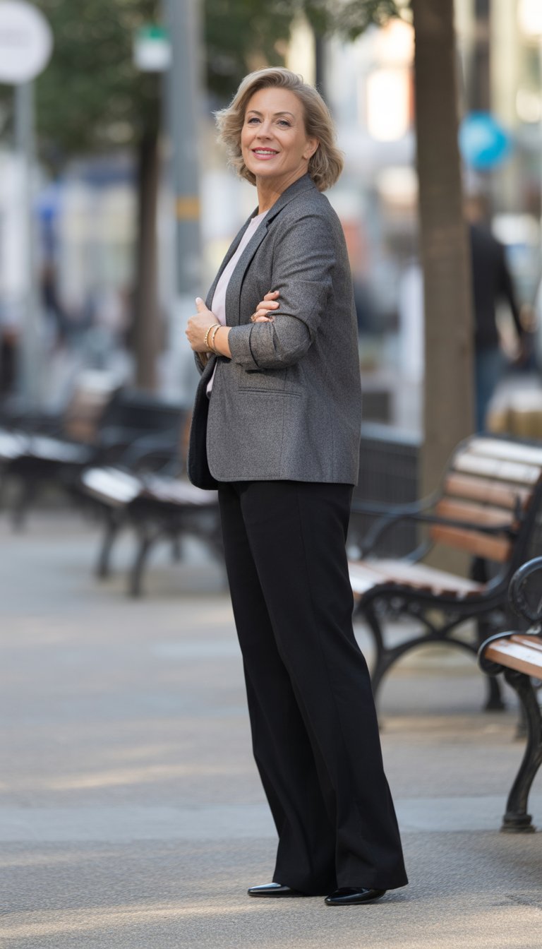 A woman standing outdoors on a city street, shown from head to toe, smiling gently with a relaxed posture.