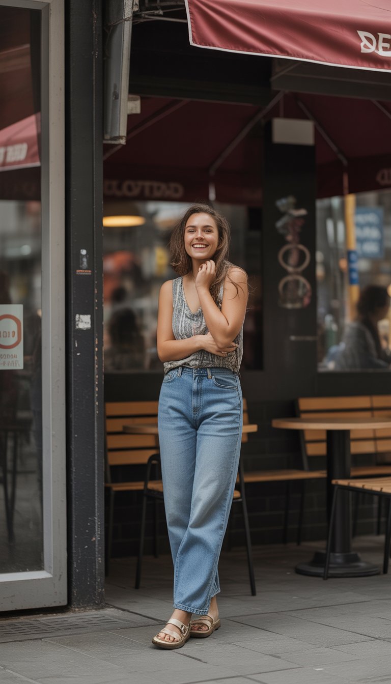 A young woman standing full body on a city street outside a bar, wearing a casual outfit and looking relaxed.