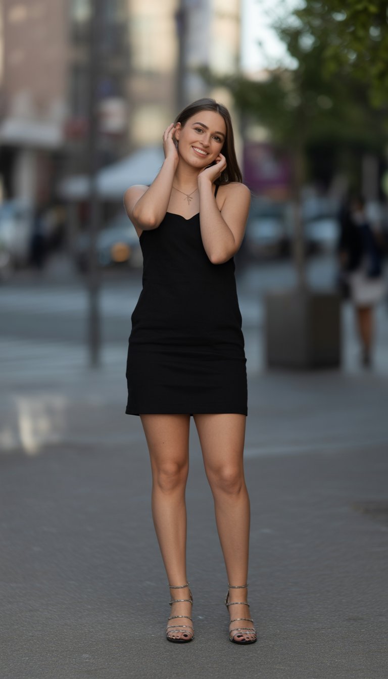 A young woman standing outdoors on a city street, wearing a black mini dress and strappy heels, looking relaxed and confident.