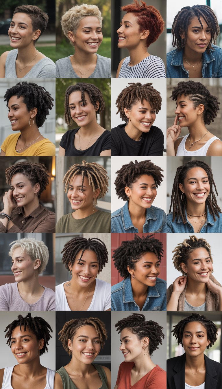 A group of women with short loc hairstyles in a casual setting, smiling and interacting naturally.