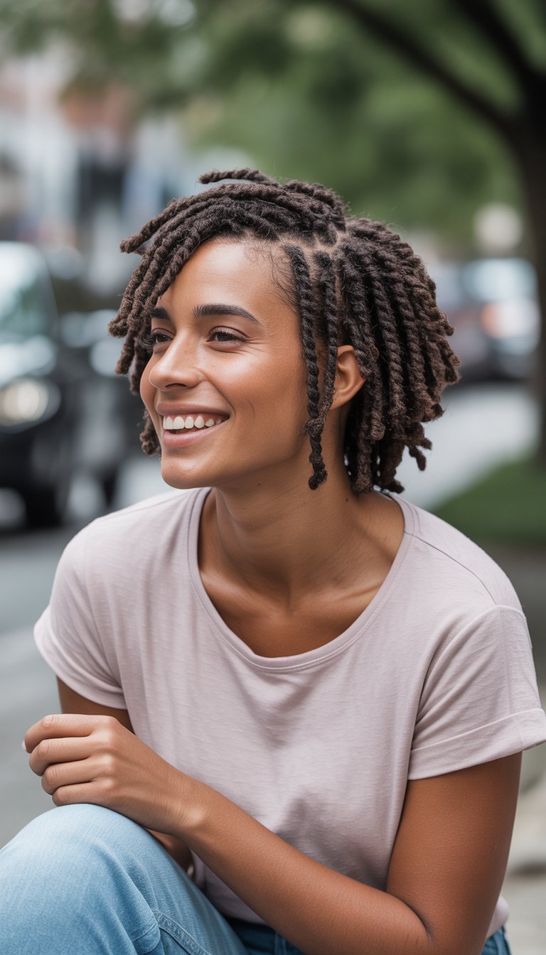 A young woman with short twisted hair smiling outdoors in a casual setting.