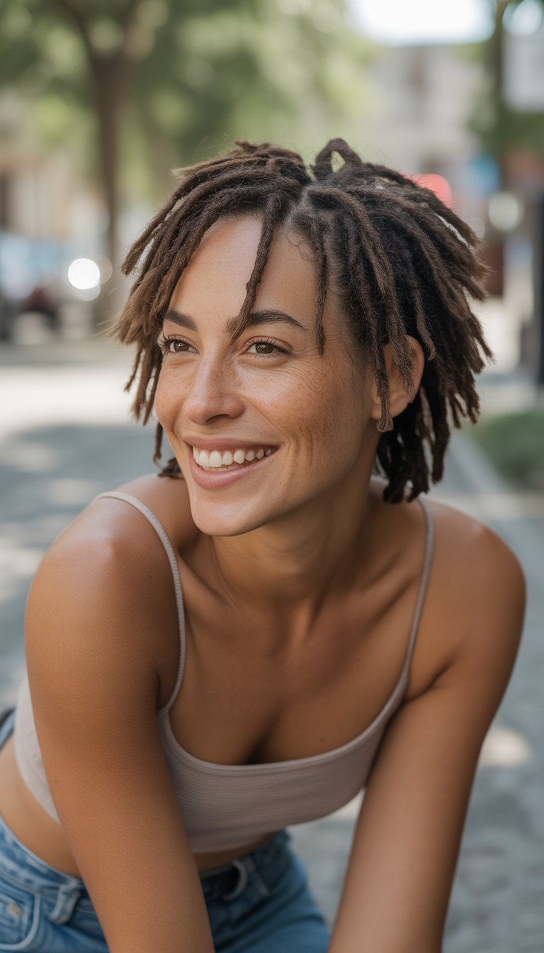 A woman with short locs stands outdoors in casual clothing, smiling naturally in a simple everyday setting.