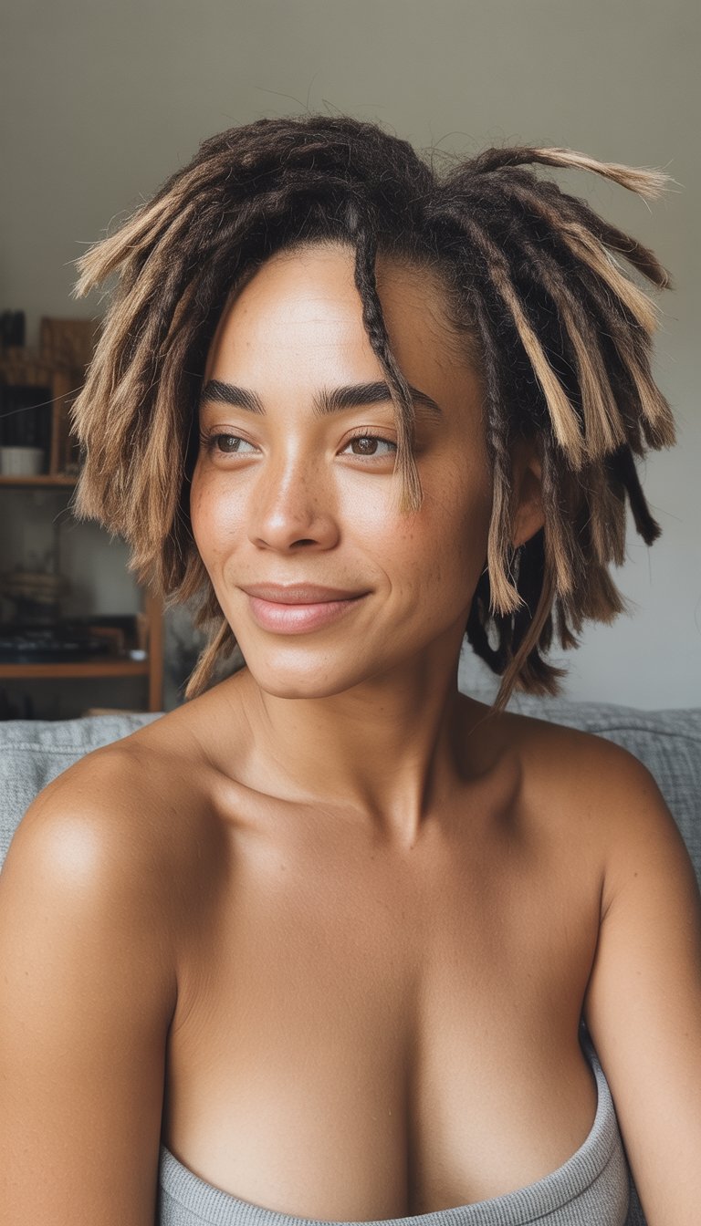 A woman with short layered locs stands in a casual setting, smiling naturally with soft lighting and a simple background.