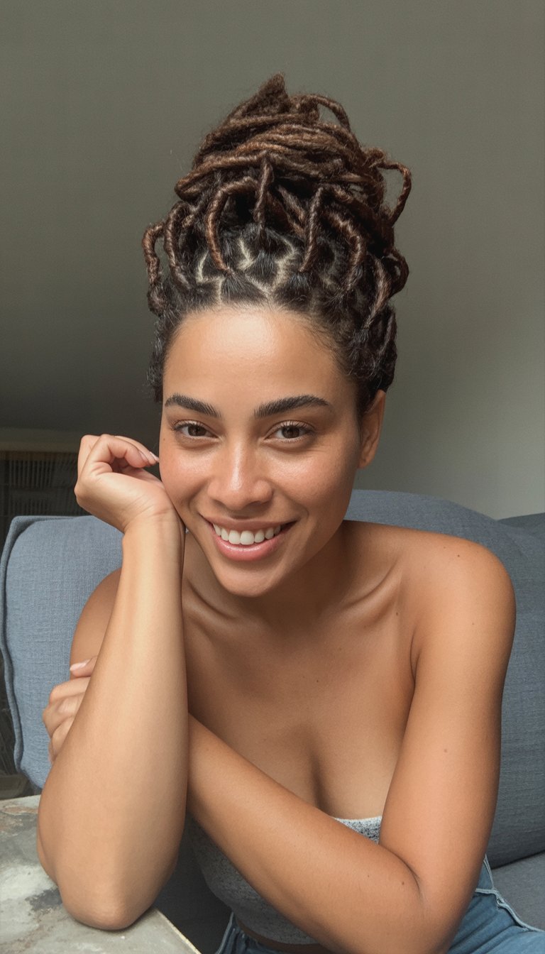 A woman with short locs styled in an updo, sitting casually in a cozy indoor setting with a relaxed and natural expression.
