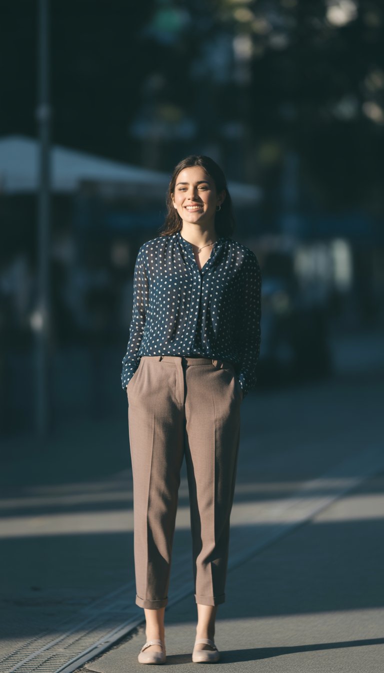 A young woman standing outdoors wearing a polka dot blouse and tapered trousers, smiling naturally.
