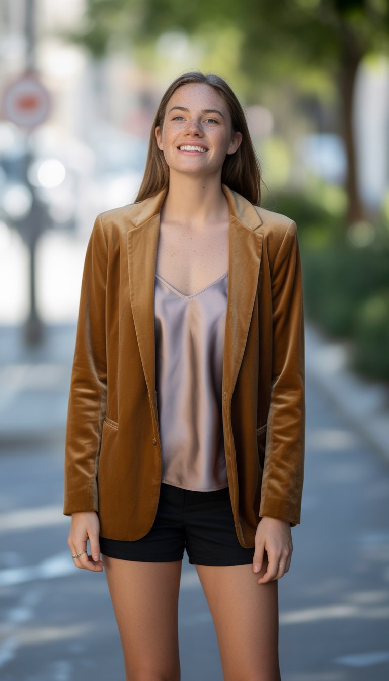 A young woman standing outdoors in a city street, wearing a blazer and camisole, looking relaxed and smiling naturally.