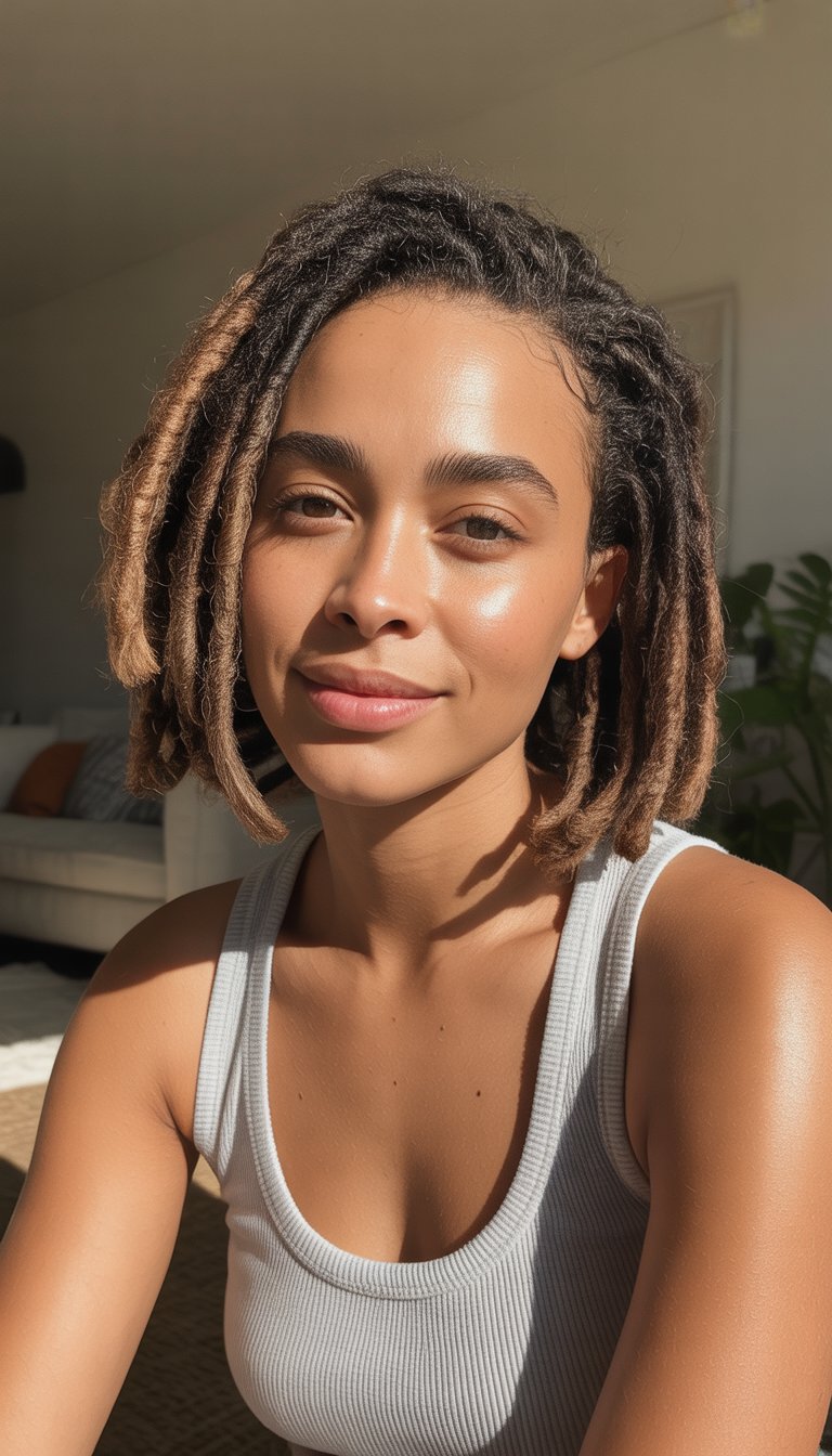 A woman with short bob locs smiling naturally in a casual indoor or outdoor setting.