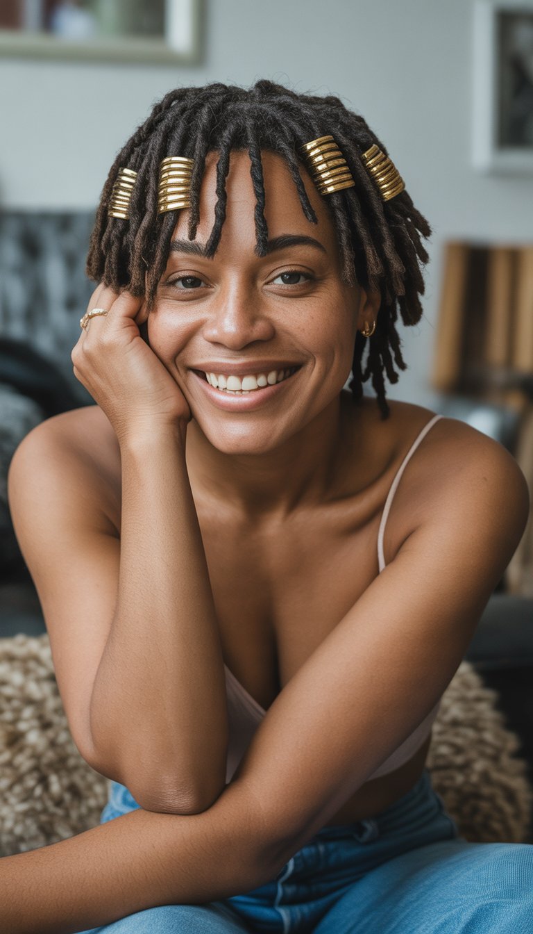 A Black woman with short locs decorated with gold cuffs, sitting casually in a simple indoor setting, looking relaxed and natural.