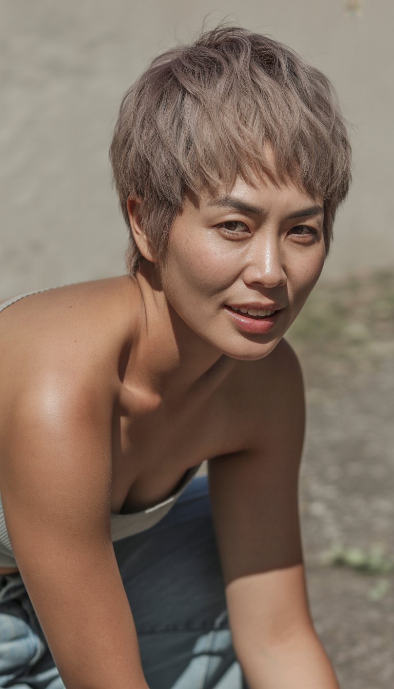 A woman with short layered hair standing outdoors, wearing casual clothes and looking relaxed with a natural expression.