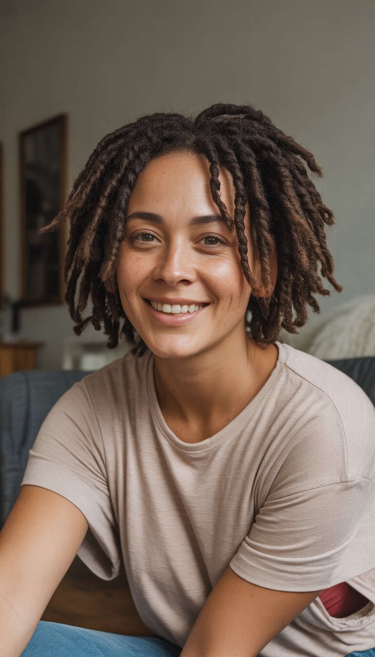 A woman with short twisted locs smiling naturally in a casual indoor setting.