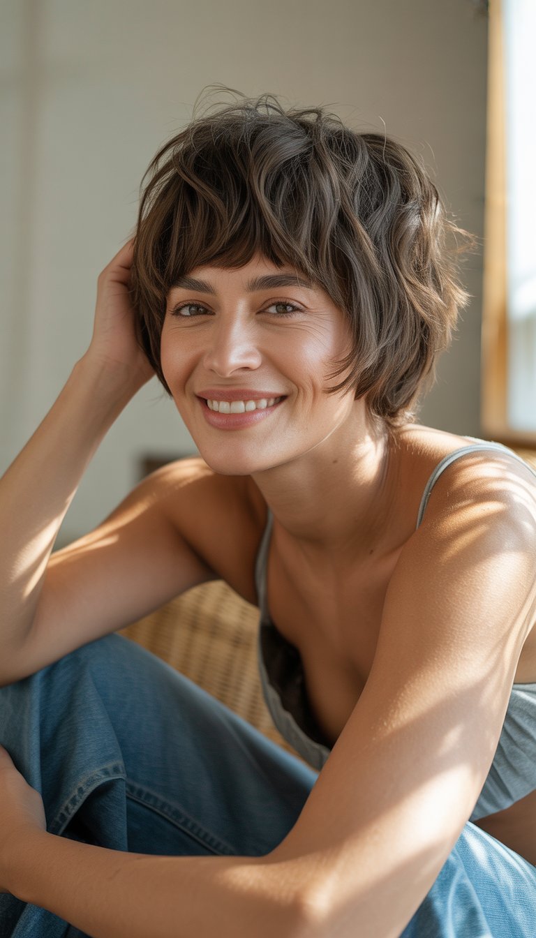 A woman with short shaggy hair and bangs smiling naturally in a casual indoor setting.