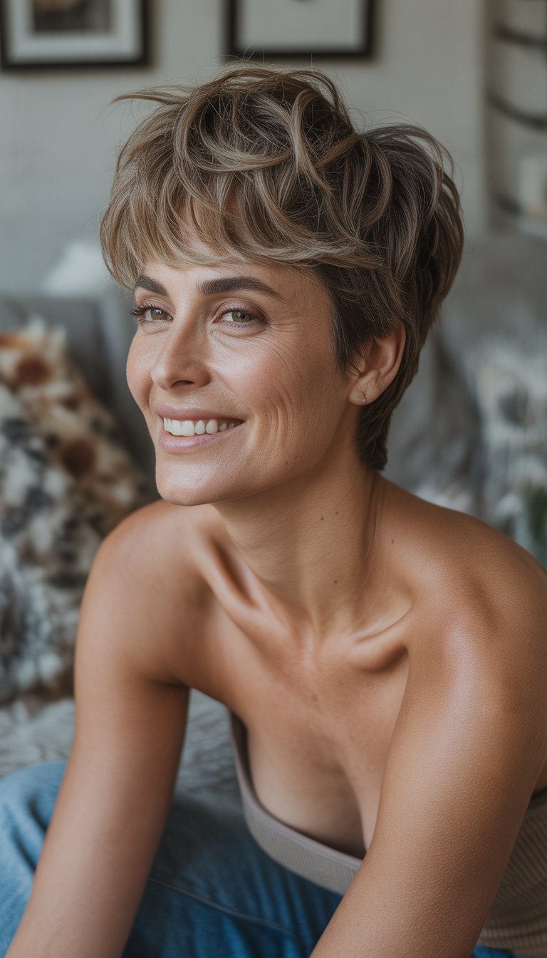 A woman with short textured hair smiling naturally in a casual indoor setting.
