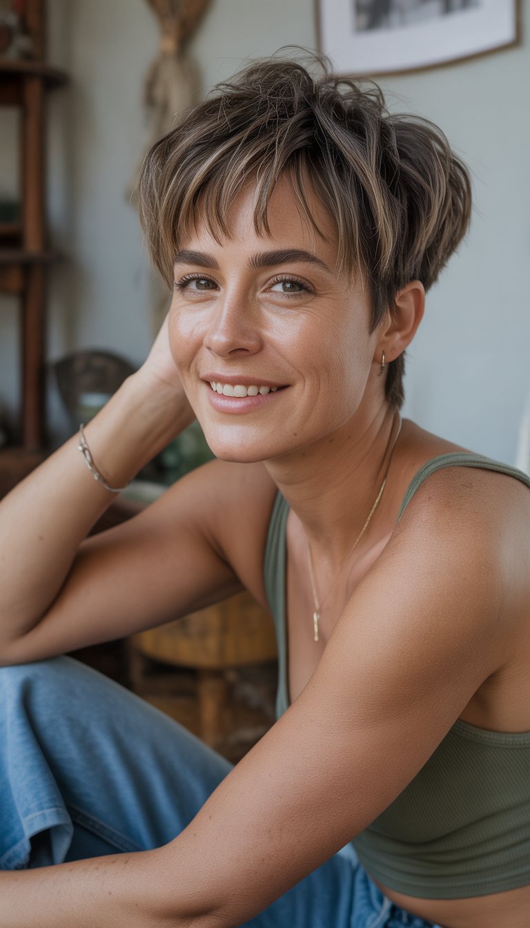 A woman with short hair smiling naturally in a casual indoor setting.