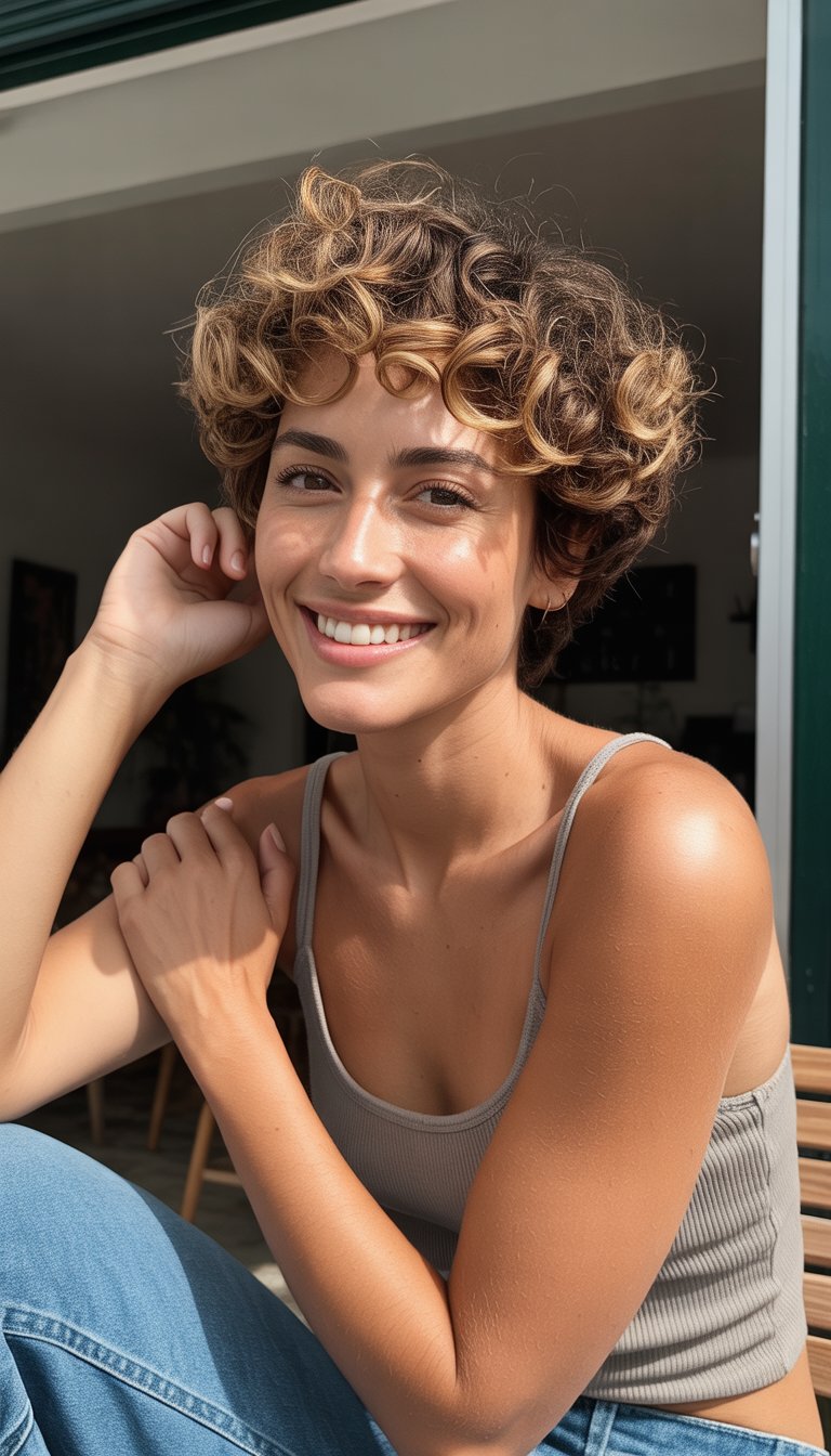 A woman with a curly pixie cut smiling naturally in a casual indoor or outdoor setting.