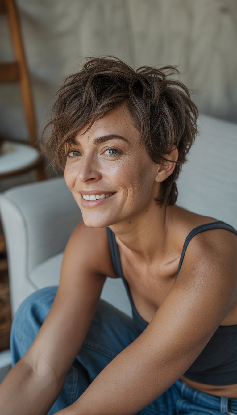 A woman with a short messy wolf cut hairstyle in casual clothing, sitting in a simple everyday environment with a natural expression.