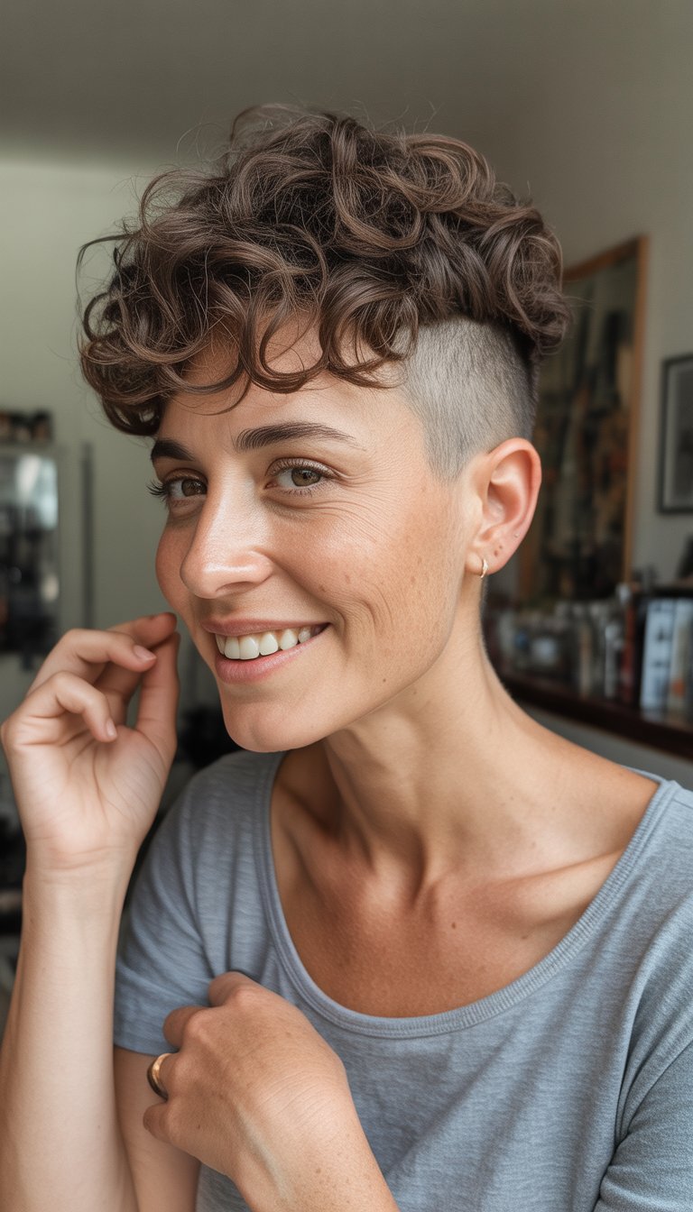 A woman with a curly pixie haircut and undercut sitting casually in a home environment, smiling gently.