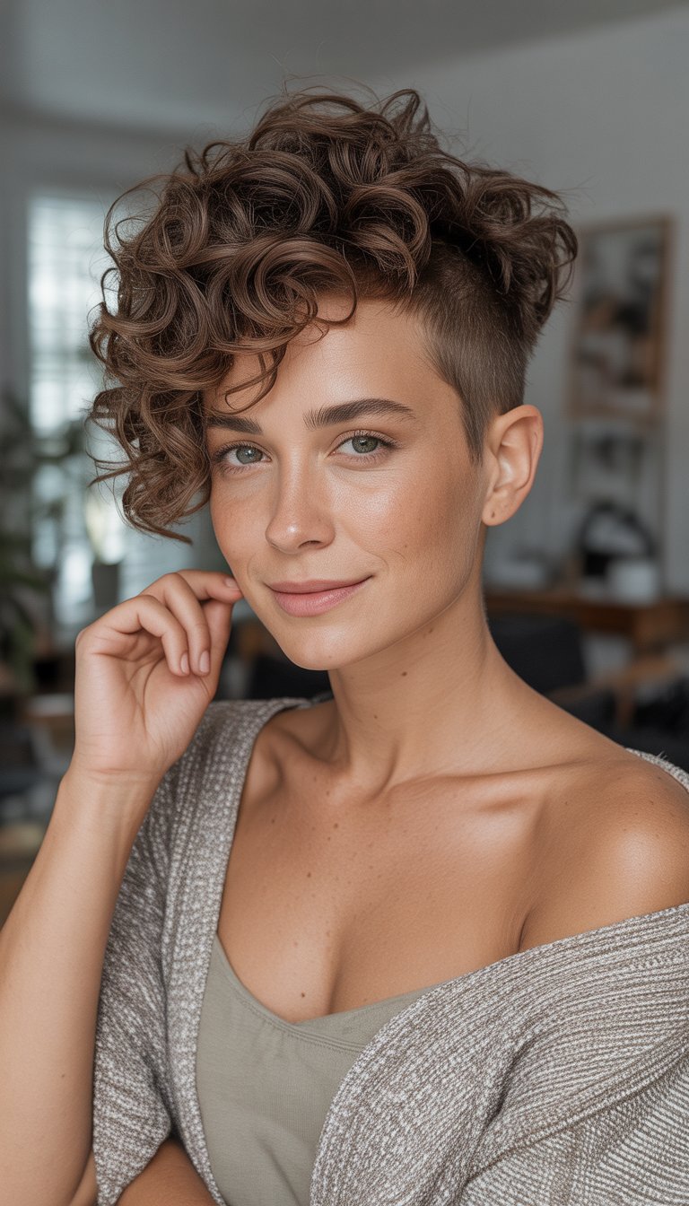 A woman with short curly hair smiling naturally in a casual indoor setting.
