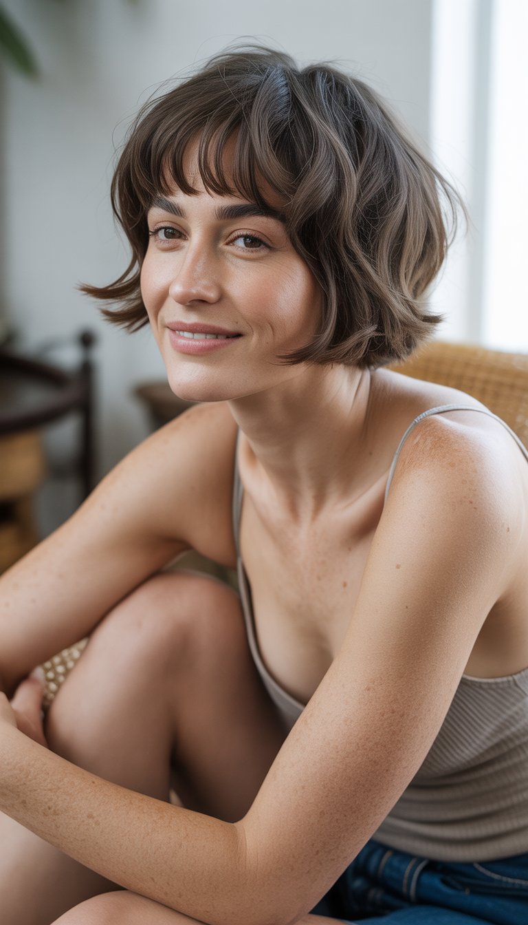 A woman with short hair and bangs smiling naturally in a casual indoor setting.