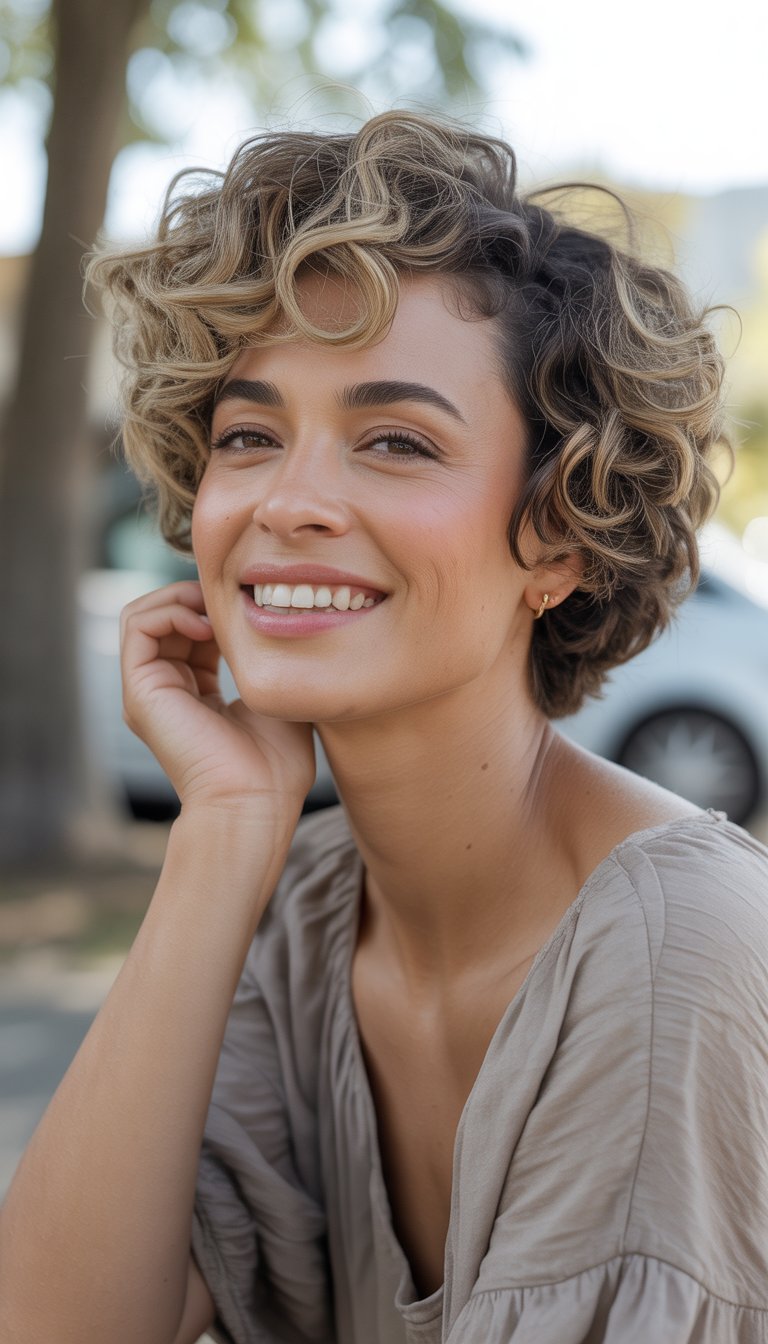 A woman with short curly hair smiling naturally in a casual setting with soft lighting.