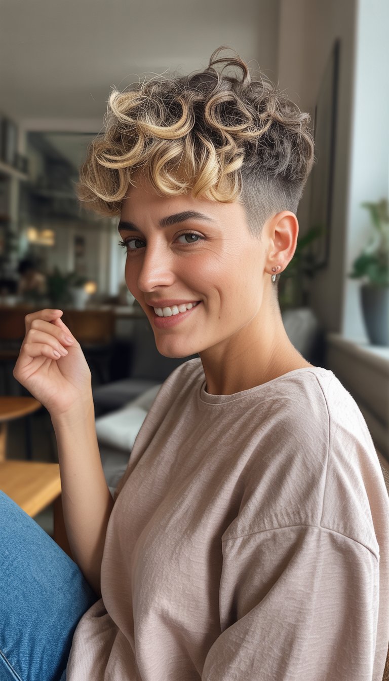 A young woman with a curly pixie haircut and blonde highlights smiling gently in a cozy indoor setting.
