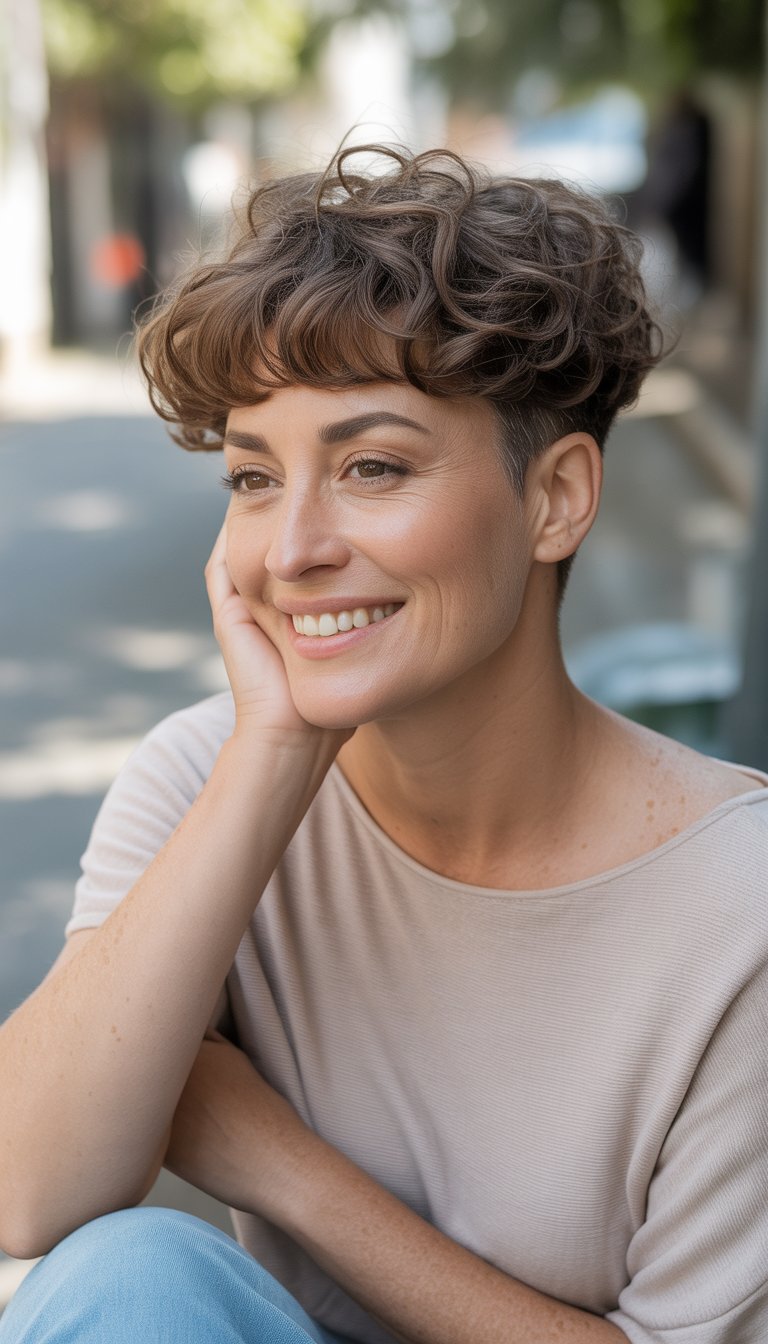 A woman with short curly hair and baby bangs standing outdoors in casual clothes, smiling naturally in a relaxed setting.