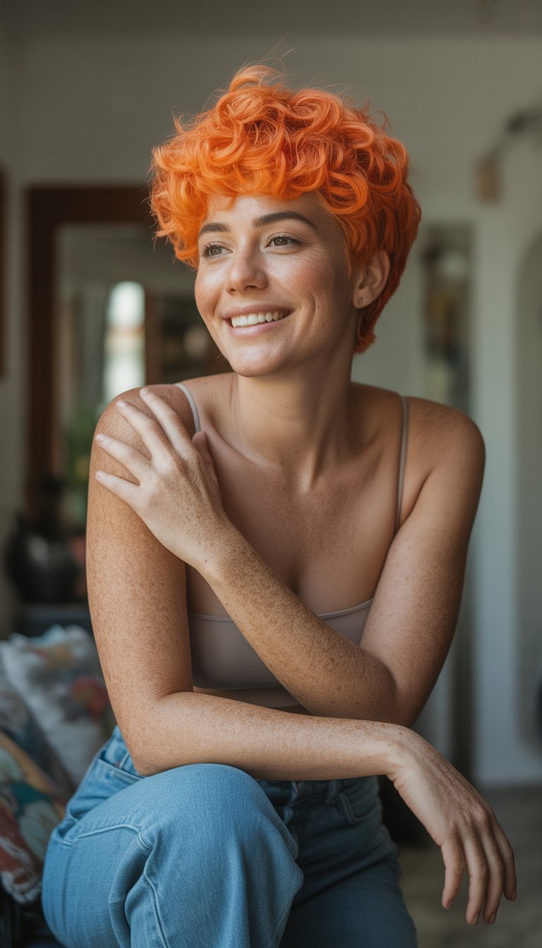 A woman with a bright curly pixie haircut smiling naturally in a casual indoor setting.