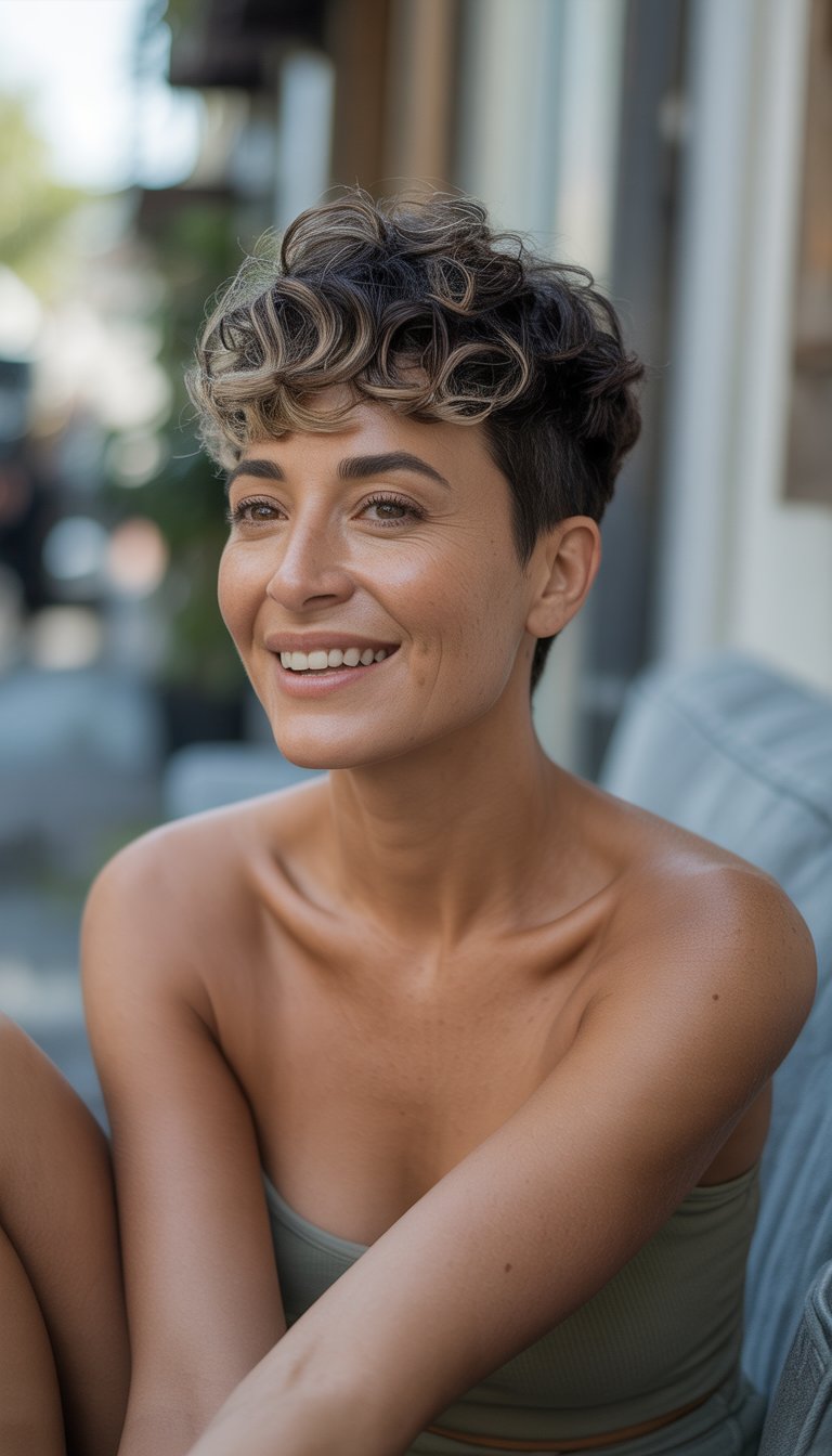 A woman with short curly hair and highlights smiling naturally in a casual indoor setting.