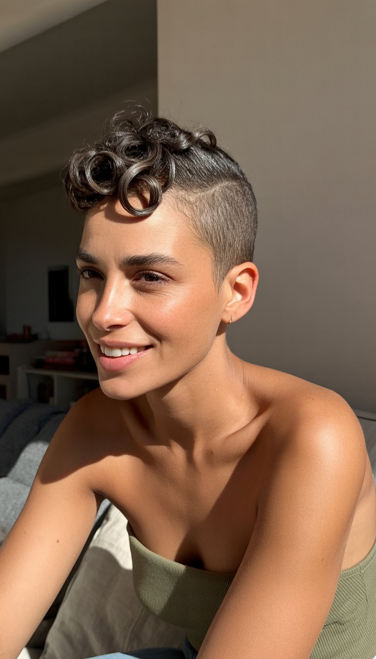 A woman with short curly hair stands casually in a simple indoor setting, looking relaxed and natural.